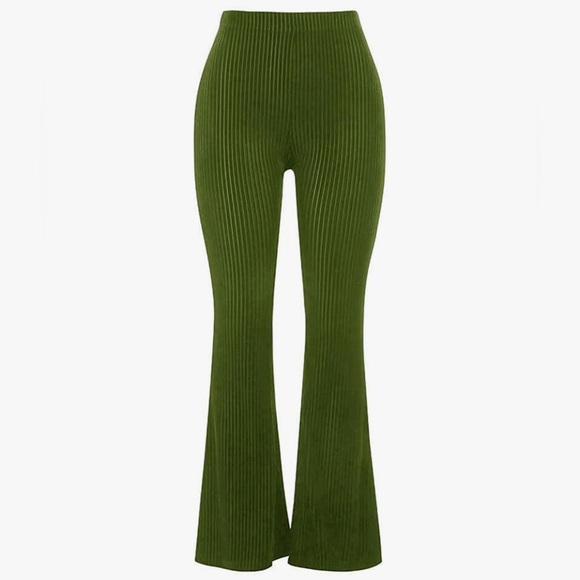 Groovy✌️High-Waisted Green Velvet Flare Stretchy Pants - Picture 4 of 8